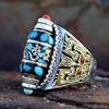 Anel Tianzhu de Nove Olhos Taiyin Estilo Tibetano Masculino e Feminino Kui Niu Dapeng Taotie Anel de Dedo Indicador Retro com Mantra de Seis Caracteres