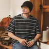 Camiseta Listrada de Malha Estilo Retro Americano Old Money para Homens, Outono Manga Curta 2026 Nova Tendência Solta Casual