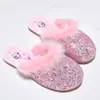 Pantuflas Peludas para Niñas, Pantuflas de Algodón de Dibujos Animados de Invierno para Niños, Zapatos de Princesa Elsa, Zapatos de Algodón Cálidos con Forro de Felpa Antideslizantes para el Hogar