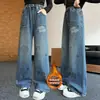 Jeans con Estampado de Graffiti para Niñas 2026 Otoño e Invierno Nuevos Pantalones para Niños Mayores Casuales Sueltos de Pierna Ancha Modernos