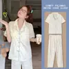 Pijama de Encaje de Alta Gama para Mujer con Pantalones Cortos, Cardigan Fino de Primavera, Otoño y Verano, Traje Sencillo Retro Verde para el Hogar