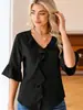 Camisa casual de estilo transfronterizo para mujer, con cuello en V, mangas de campana de tres cuartos, corte holgado, adelgazante, top pullover versátil, disponible en varios colores.