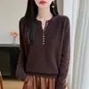 Suéter de Punto de Lana Pura con Cuello en V de Manga Larga para Mujer, Nuevo Otoño/Invierno 2026, Suéter de Lana Holgado de Color Sólido con Múltiples Botones