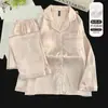 Pijama jacquard de seda helada suave y liso para niñas, conjunto de dos piezas de manga larga con almohadillas en el pecho, ropa de casa sencilla