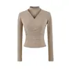 2025 Otoño/Invierno Nuevo Top Base de Cachemira Hueco con Cuello en V Ajustado a la Cintura Manga Larga Ruched Ajustado Camiseta Corta