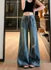 Jeans anchos de tiro bajo estilo chica picante americana para mujer, nuevo estilo verano 2026, holgados, adelgazantes, versátiles, rotos, pantalones de largo hasta el suelo