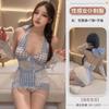 Lingerie Sexy, Decote Profundo em V Baixo Sexy, Costas Bonitas, Saia de Quadril Xadrez Azul, Uniforme de Empregada Doméstica, Conjunto Transparente com Gola Halter