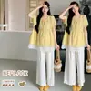 Conjunto de Ropa de Verano 2026 para Mamás con Estilo: Conjunto de Dos Piezas para Mujeres Embarazadas: Top de Encaje Patchwork + Pantalones de Pierna Ancha