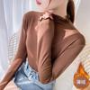 Novedad Cuello Alto Medio Color Sólido Ajustado Forro Polar Camiseta Base Cálida Manga Larga para Mujer 1226