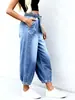 Jeans elásticos con cordón de estilo europeo y americano, pantalones vaqueros casuales de talla grande, holgados, cropped, estilo linterna, con pliegues, lavado claro