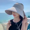 Chapéu de Pescador de Aba Larga com Top Aberto para Proteção Solar com Proteção de Pescoço, Cobertura Facial Completa, Borracha Preta, Xale de Sol Moderno para Mulheres