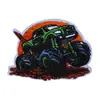 Parche Bordado de Camión Monstruo Todoterreno, Patrón de Llama de Bandera de Carreras, Parche de Reparación de Agujeros para Ropa con Respaldo Adhesivo para Planchar