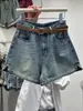 Shorts de Mezclilla Azules Retro con Abertura, Figura de Pera para Mujer, Verano, Tallas Grandes, Gordita, Cintura Alta, Efecto Adelgazante, Línea A, Pierna Ancha, Pantalones Cortos Calientes, Modernos