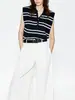 Chaleco Polo de Punto Rayado Color Block Francés para Mujer, Cárdigan Exterior de Seda Hielo de Verano, Top Corto Holgado sin Mangas