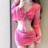Nuevo Bikini Tie-Dye Sexy Ajustado Talla Pecho Push-up Camisa Exterior de Manga Larga Traje de Baño de Falda Dividida Set de Cuatro Piezas para Mujer