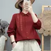 Camisa de Algodão Puro Gaze Dupla Bordada Manga Longa Feminina Estilo Floresta Bordado Floral Literário Macia Amiga da Pele Top Solto