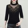 Camiseta básica de manga larga a la moda que combina con todo, cuello alto medio, estilo occidental, rojo de internet, negra, elegante, corte ajustado, para mujer, con lentejuelas