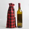 Bolsa de vino de lino transfronteriza, bolsa navideña a cuadros para botellas de vino, bolsa de regalo con cordón.