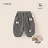 Roupa Infantil Bangxuan Calça Casual para Bebê Outono Calça Longa Listrada Ursinho 3D 1-3 Anos Calça Jogger para Bebê