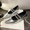 Zapatos Planos Plateados de Boca Baja para Mujer Tacón Medio Primavera 2025 Nuevos Retro Francés Elegantes para el Trabajo Tacón Grueso Mary Janes
