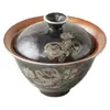 Oro y plata con marcas negras, motivo de danza del león, cuenco de té de cerámica vintage para uso doméstico, caja de regalo