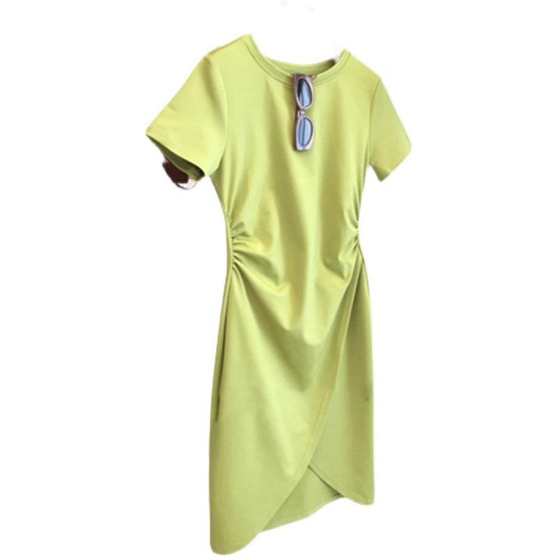 帮手主图-2022年新款夏季女感气质收腰薄款绿色t恤不规则连