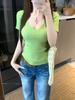 Camiseta Tricotada de Manga Curta com Decote V Amarela Coreana para Mulheres no Verão, Slim e Fina, Top Curto Doce Sexy