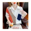 Camisa de Manga Corta Patchwork para Mujer, Polo de Lujo para Verano, Holgada y Elegante con Diseño de Bloques de Color de Moda, Top de Moda para Mujer