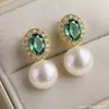 Pendientes de Perla Zhuji Estilo Retro Francés Circonita Roja Adornos para Orejas Lujo Ligero Circonita Verde Brillante Pendientes de Diseño Retro a la Moda