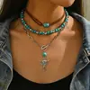 Collar de Doble Capa con Hebilla de Nuevo Producto Transfronterizo, Terciopelo Turquesa Incrustado, Estilo Vaquero Occidental, Collar Retro con Cabeza de Toro Antigua