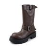 Botas de Cuero Martin Suela Gruesa Hebilla de Cinturón Piel de Vaca Aumento de Altura Ojos Cerrados Estatura Baja 2025 Botas de Media Caña Tacón Alto Grueso Piel Genuina