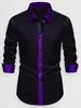 Camisa Casual de Lujo para Negocios de Color Claro, Tela Anti-Arrugas sin Planchar, Cuello de Color Contrastante, Manga Larga con Empalme de Patrón Oscuro Cruzado