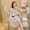 Pijama de nuevo estilo para mujer, verano, manga corta, fino, dibujos animados, lindo, holgado, camisón, vestido holgado de longitud media, ropa para casa, transmisión en vivo