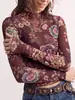 Camiseta europea y americana transfronteriza de Amazon 2026 nuevo estampado floral vintage top de malla de manga larga ajustado para mujer