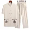 Traje Tang para Hombre de Mediana Edad y Ancianos, Conjunto de Seda Helada de Manga Corta, Atuendo de Verano para Papá, Cuello Mao, Abotonado, Conjunto de Dos Piezas Hanfu para Abuelo