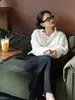 Siyuan Camisa Branca com Gola de Renda Irregular Retrô Estilo Francês Relaxado Textura Levemente Amassada Top com Amarração Manga Longa 1077