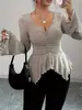 Amazon Transfronteiriça Tops Femininos Doces e Picantes Camisetas com Decote em V Outono e Inverno Mangas de Folha de Lótus Malha Recortada Moda Tops Roupas Femininas