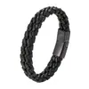 Joia da Moda Estilo Minimalista Corrente Dupla de Aço Titânio Pulseira de Couro Genuíno Punk Vintage Corda Trançada de Couro Masculina Linhas Geométricas