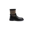 Novas Botas de Equitação Estilo Outono e Inverno Britânico Retrô Color Block com Fivela Bico Redondo Salto Grosso Comprimento Médio Slim Fit para Mulheres