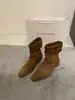 Botas de Tornozelo Retro Camurça Salto Anabela Bico Quadrado para Mulheres 2026 Primavera e Outono Novas Botas Western Cowboy Dobráveis de Cano Médio