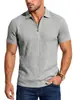 Camisa Polo Masculina de Jacquard Texturizado com Meio Zíper e Gola, Respirável, Solta, Casual Americano, Manga Curta