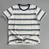 Camiseta de Algodão Listrada Retrô de Manga Curta, Novo Estilo de Verão para Mulheres, Gola Color Block, Caimento Solto, Versátil, Emagrecimento, Rejuvenescedor, Top Casual