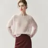 ¡%Cachemira%Seda de Morera! Suéter delgado de cachemira calado para mujer, top de punto de cuello redondo, ajuste holgado y adelgazante, capa base