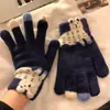 Luvas de Ciclismo Quentes de Inverno com Forro de Fleece, à Prova de Frio, com Design Fofo de Filhote de Dachshund, Blocos de Cor, Tricô, Toque Cartoon, Dedos Divididos Cinco Dedos