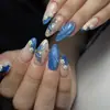 Uñas postizas azules con purpurina en forma de ojo de gato y mariposa de resina 3D desmontables con cuentas de acero