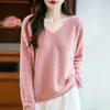 Suéter pullover sin costuras de cuello en V con rayas horizontales integradas, estilo casual, jacquard, lana pura, tejido para mujer 10