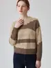 Suéter de Tricô Color Block Vazado para o Dia a Dia Feminino 2026 Outono Novo Pulôver Relaxado Manga Longa Gola Redonda Camada Base