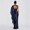 Vestido de Noite Europeu e Americano Feminino de Um Ombro com Manga Fluida Cintura Marcada Cauda de Peixe Traje para Banquete e Brinde Vestido de Noite para Anfitriã Azul