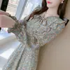 Vestido Largo de Encaje Floral con Volantes Estilo Francés con Cordones para Mujer Otoño Transfronterizo Cintura Ceñida Lazo Línea A