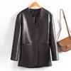Chaqueta de Cuero Haining para Mujer, de Longitud Media, Negra, Cuello Alto, Cinturón de Corbata, Chaqueta de Cuero, Nuevo Estilo Otoño e Invierno, Elegante Abrigo de Cuero